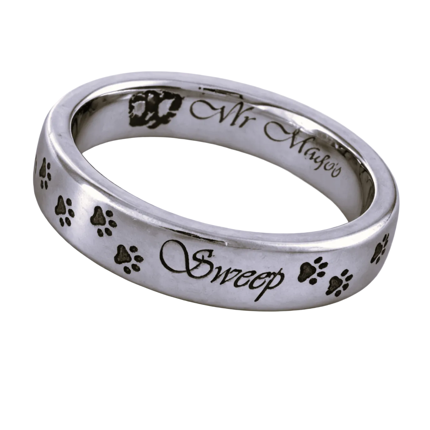 5mm silver paw print and pet name modern polished ashes titanium ring with inside engraving and nose print on a white background