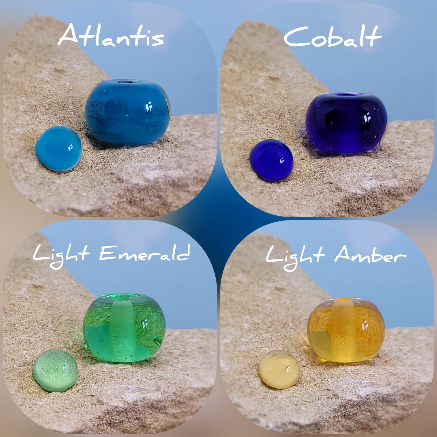Collage of ashes in glass beads and charms on a textured surface with colour labels, baby blue, dark blue, clear emerald green and clear amber.