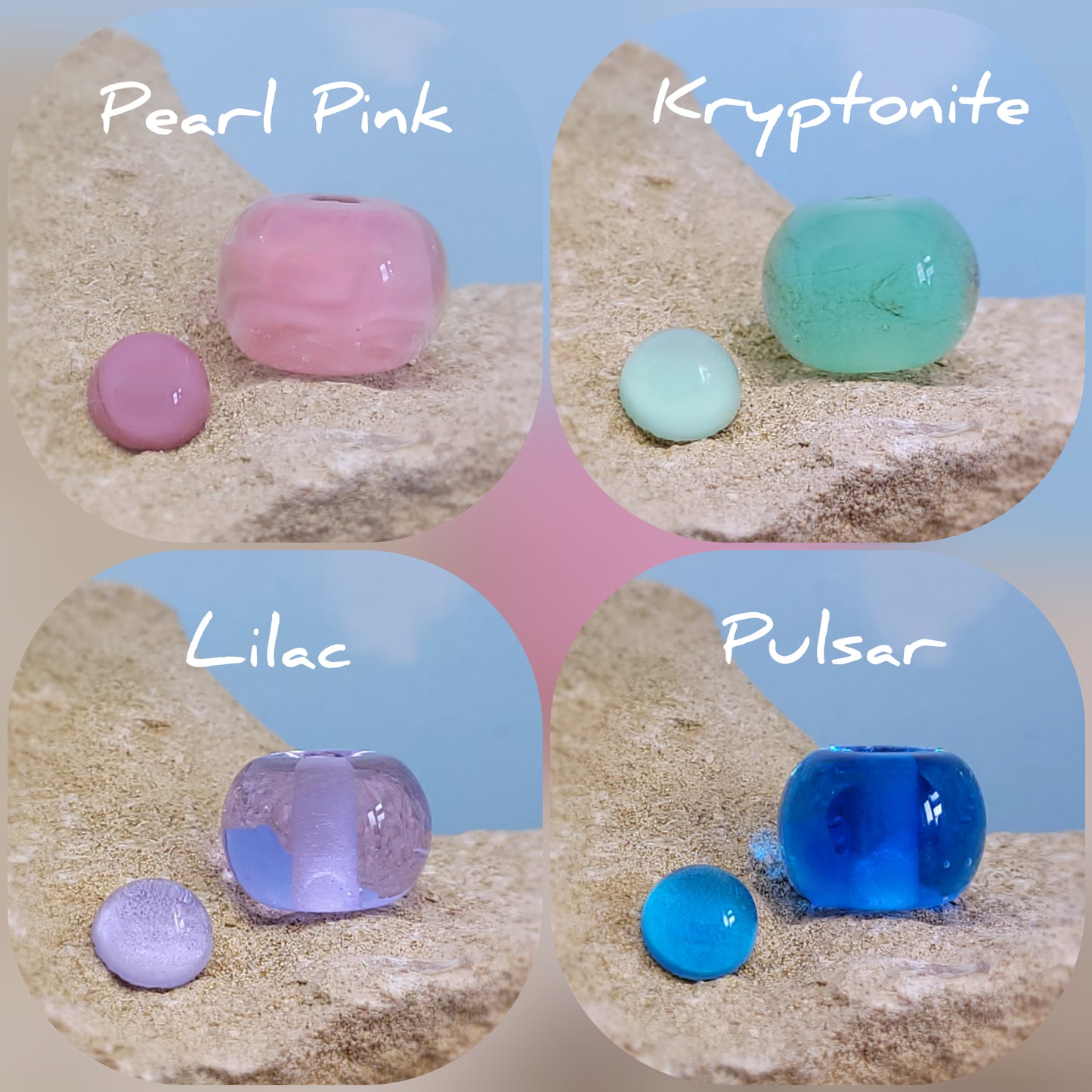 Collage of ashes in glass beads and charms on a textured surface with colour labels, baby pink, pastel green, clear lilac and clear blue.
