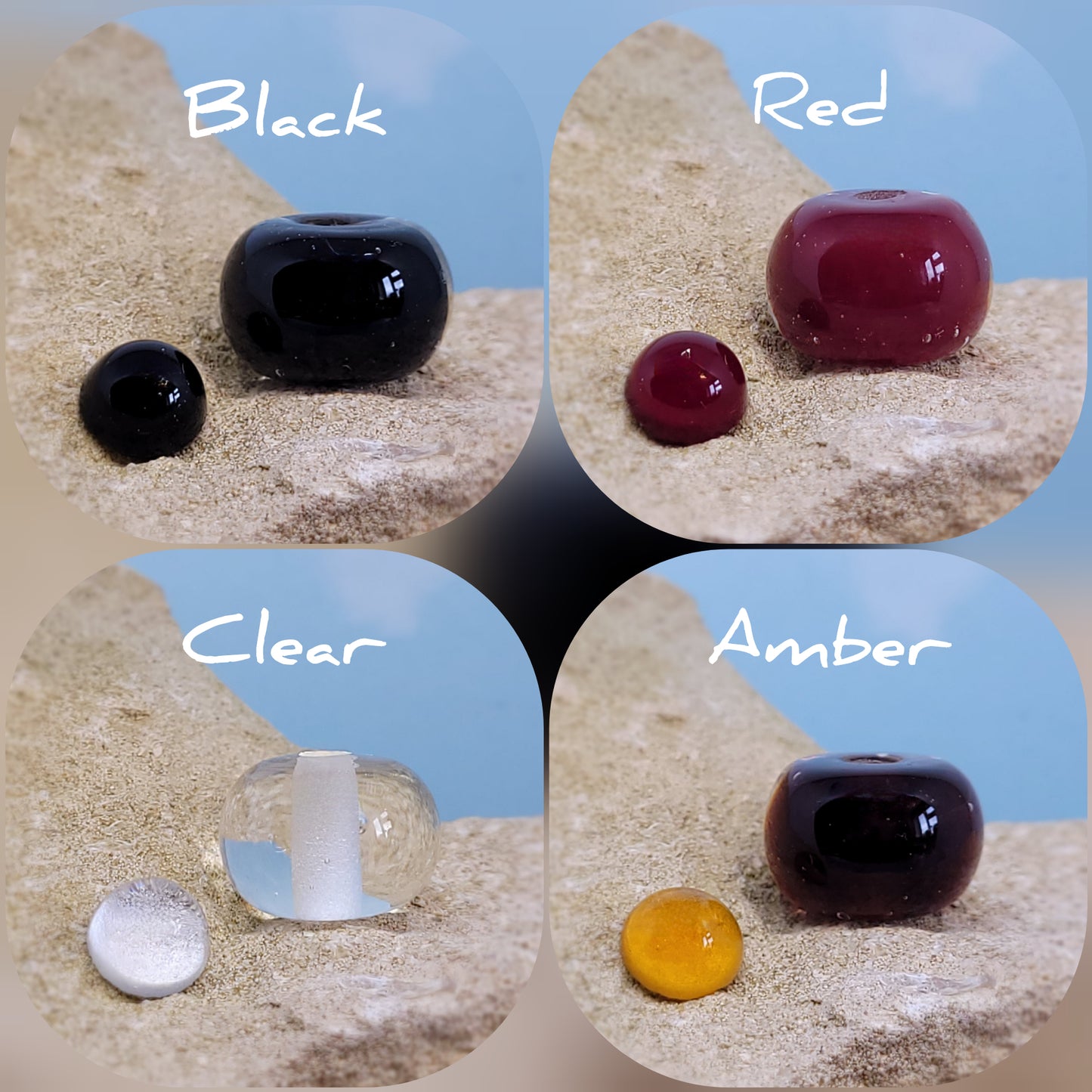 Collage of ashes in glass beads and charms on a textured surface with colour labels, black, red, clear and amber.