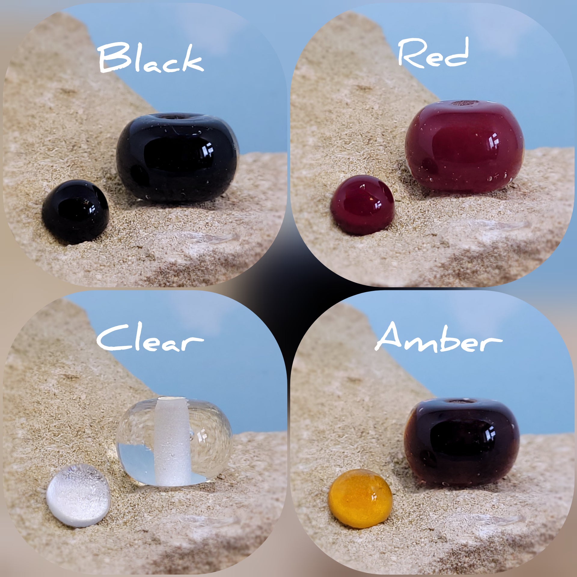 Collage of ashes in glass beads and charms on a textured surface with colour labels, black, red, clear and amber.