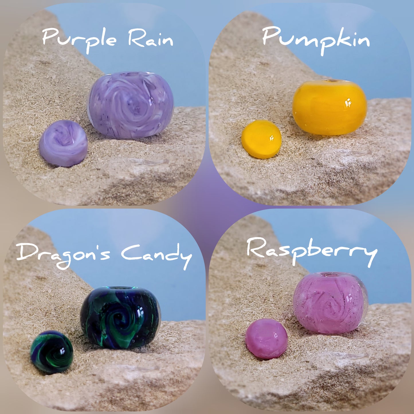 Collage of ashes in glass beads and charms on a textured surface with colour labels, purple, yellow, pink and a swirl of blue and green colour.