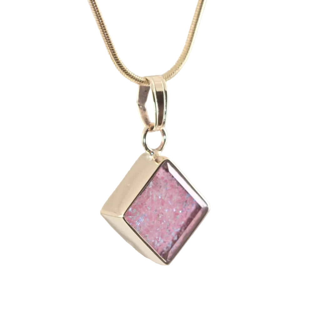 Ashes in Glass Square Gold Pendant - Pink