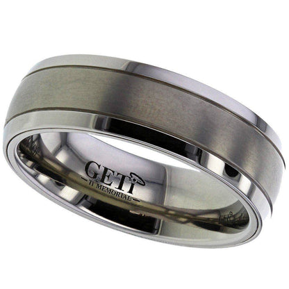 grey ashes dome ring with silver edges and engraving on the outside of the ring  