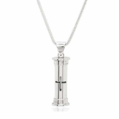 silver self-fill urn pendant for ashes, cross, handmade in uk, Ashes visible self fill urn necklace, ashes jewellery, ashes keepsakes, pets ashes, handmade in uk memorial jewellery, visible ashes, cross, crucifix  self fill urn pendant, trusted uk jewellery, premium quality, best self fill ashes jewellery, cylindrical urn, cylindrical ashes pendant, sterling silver, unique, engraved, personalised