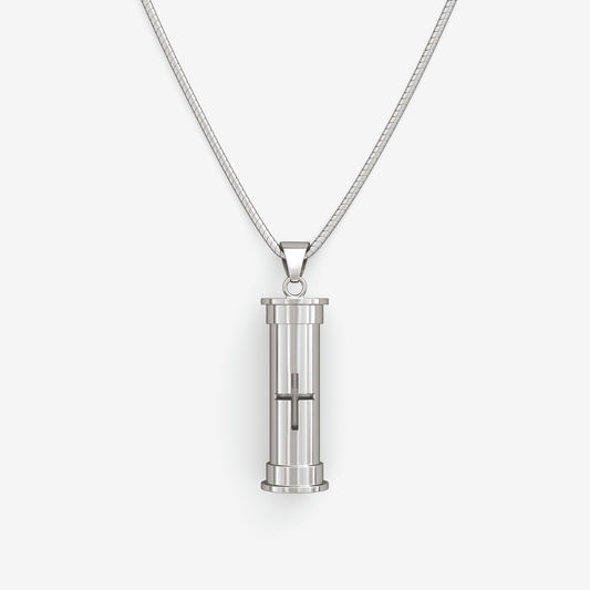 Cross Memory Pedant Capsule silver self-fill urn pendant for ashes, cross, handmade in uk, Ashes visible self fill urn necklace, ashes jewellery, ashes keepsakes, pets ashes, handmade in uk memorial jewellery, visible ashes, cross, crucifix  self fill urn pendant, trusted uk jewellery, premium quality, best self fill ashes jewellery, cylindrical urn, cylindrical ashes pendant, sterling silver, unique, engraved, personalised