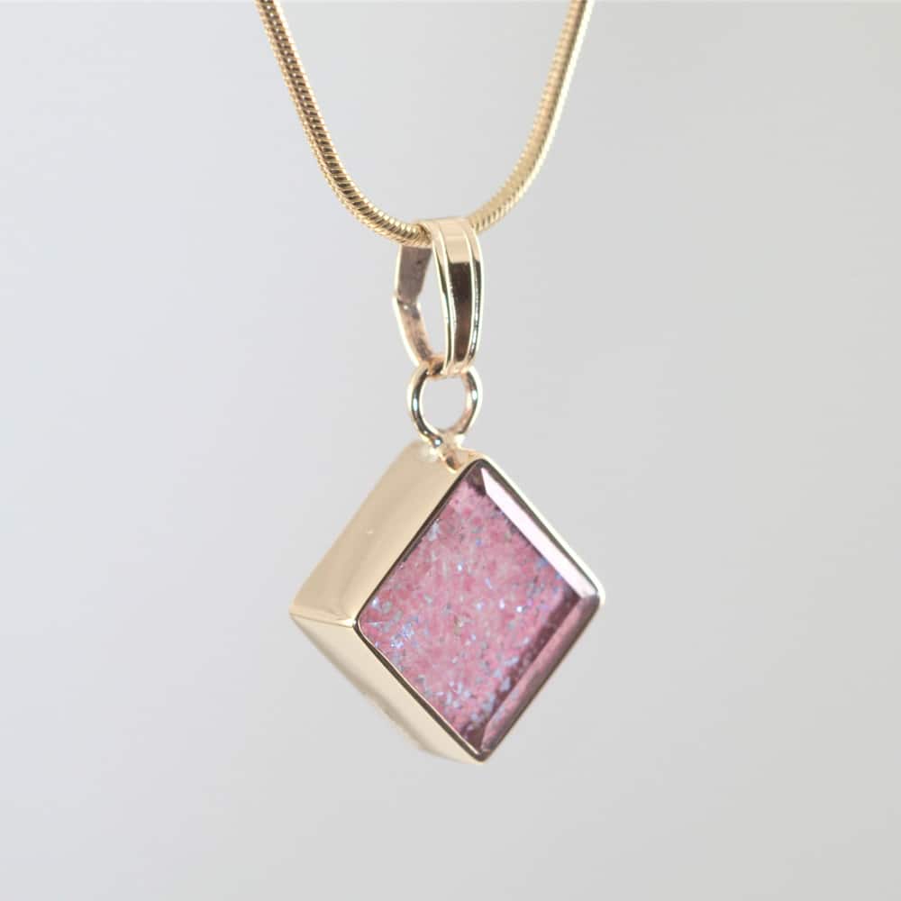 Crystal Glass Square Pendant - Gold & Pink