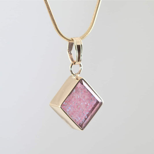 Crystal Glass Square Pendant - Gold & Pink