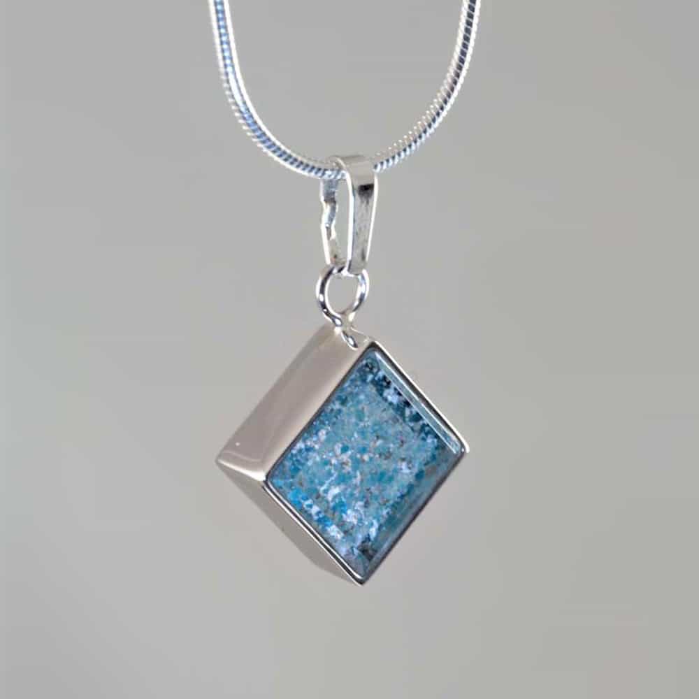 Crystal Glass Square Pendant - Silver & Blue