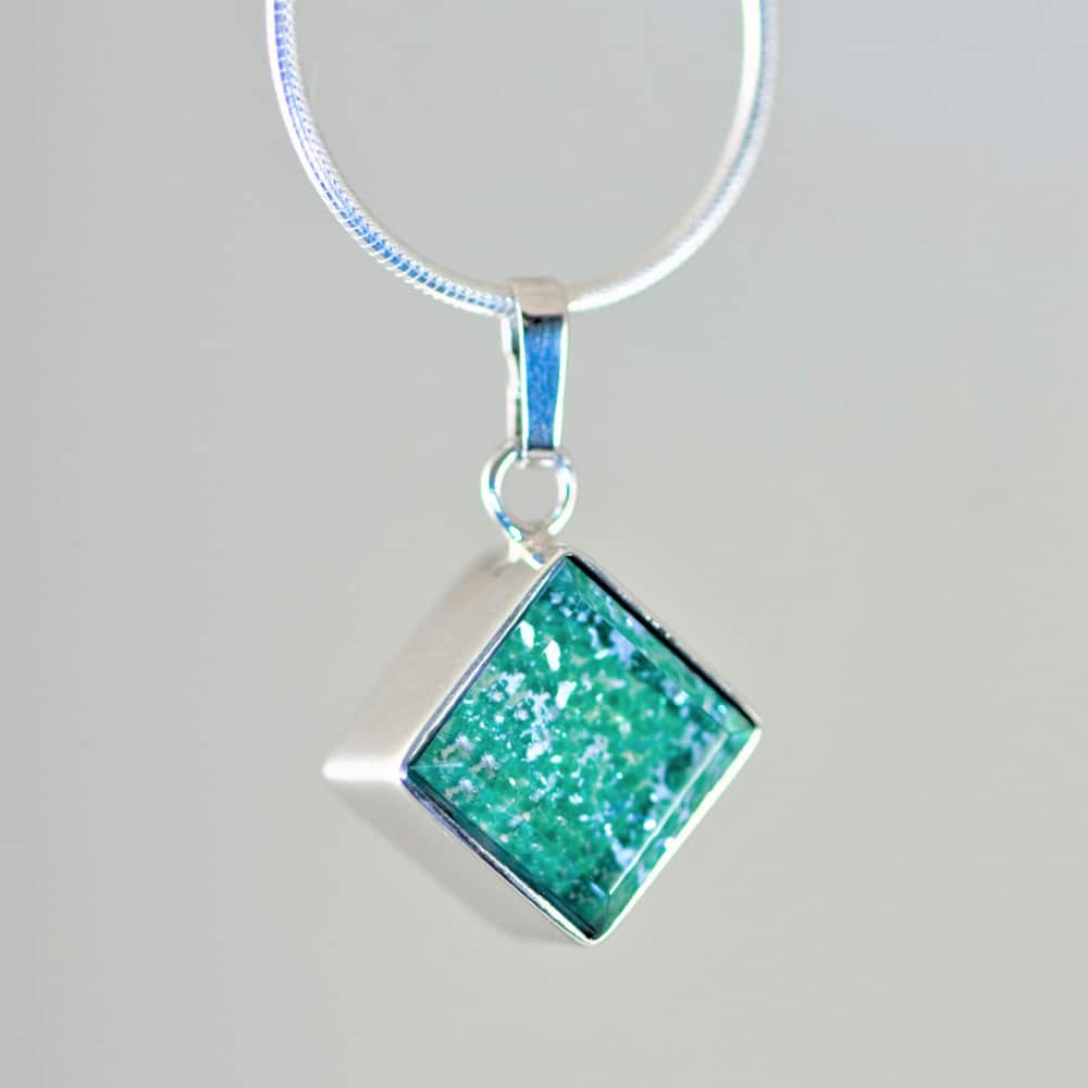 Crystal Glass Square Pendant - Silver & Green
