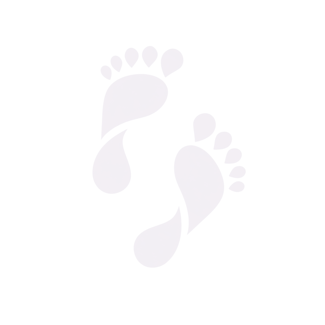 A logo showing two lighty coloured  lavender-grey feet shapes positioned t an angle