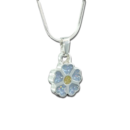 Silver forget-me-not flower shaped ashes Charm shown on a snake chain necklace with blue inlaid petals and yellow centre
