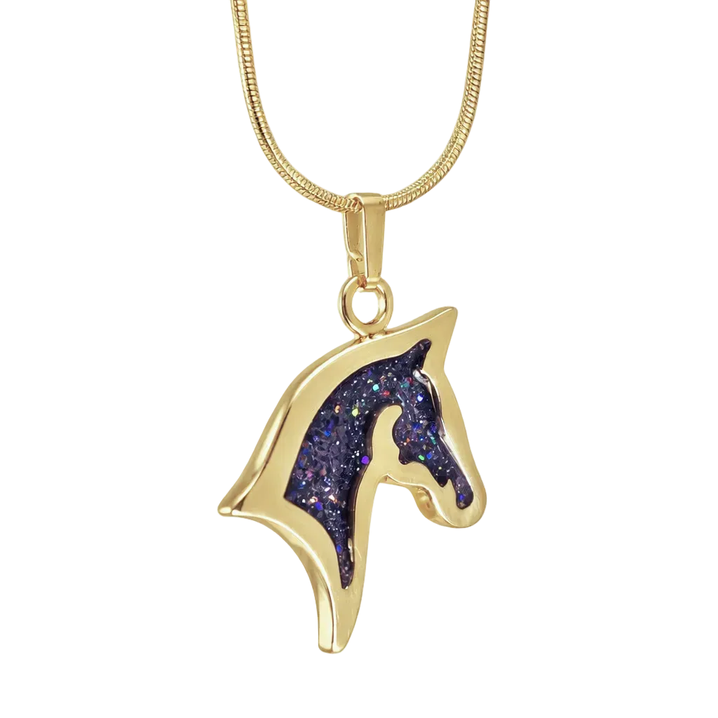 Gold horse head silhouette shaped sparkling black pendant  with snake chain on a white background
