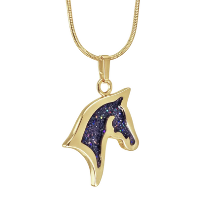Gold horse head silhouette shaped sparkling black pendant  with snake chain on a white background