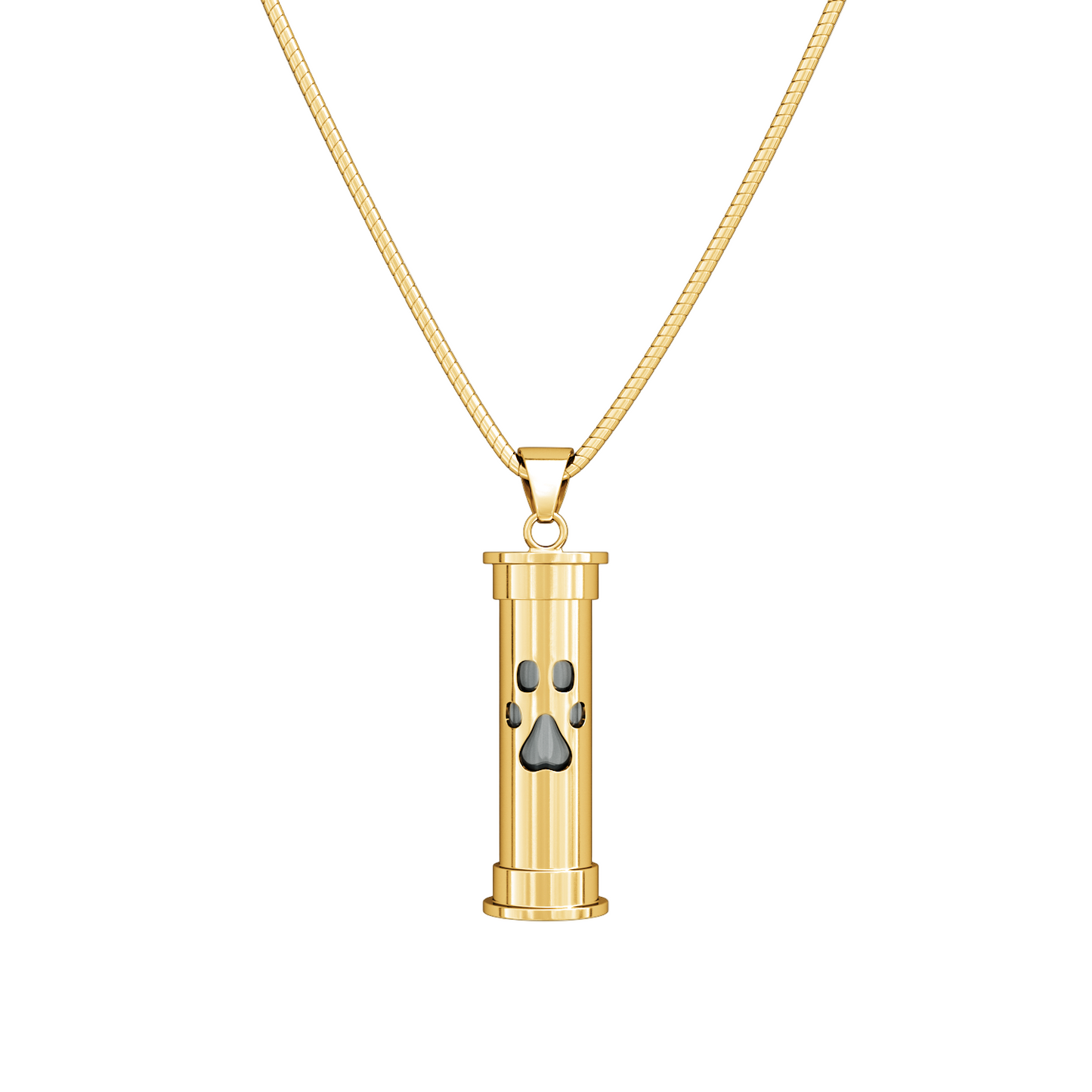 gold plated  self-fill urn pendant for ashes, paw, paw print,  handmade in uk, Ashes visible self fill urn necklace, ashes jewellery, ashes keepsakes, pets ashes, handmade in uk memorial jewellery, visible ashes, self fill urn pendant, trusted uk jewellery, premium quality, best self fill gold ashes jewellery, cylindrical urn, cylindrical ashes pendant,  unique, engraved, personalised, self-fill urn pendant for pets fur 