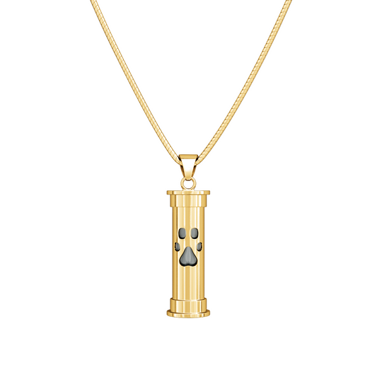 gold plated  self-fill urn pendant for ashes, paw, paw print,  handmade in uk, Ashes visible self fill urn necklace, ashes jewellery, ashes keepsakes, pets ashes, handmade in uk memorial jewellery, visible ashes, self fill urn pendant, trusted uk jewellery, premium quality, best self fill gold ashes jewellery, cylindrical urn, cylindrical ashes pendant,  unique, engraved, personalised, self-fill urn pendant for pets fur 