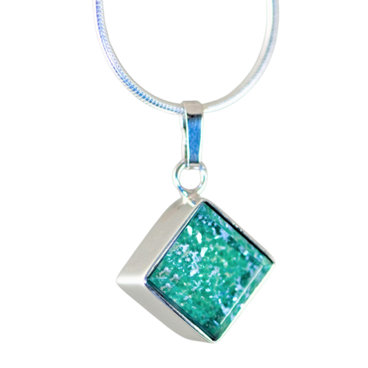 Ashes in Crystal Glass Square Silver Pendant Green