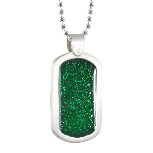 Satin finished ID dog tag style ashes pendant with a green inlay and ball chain 