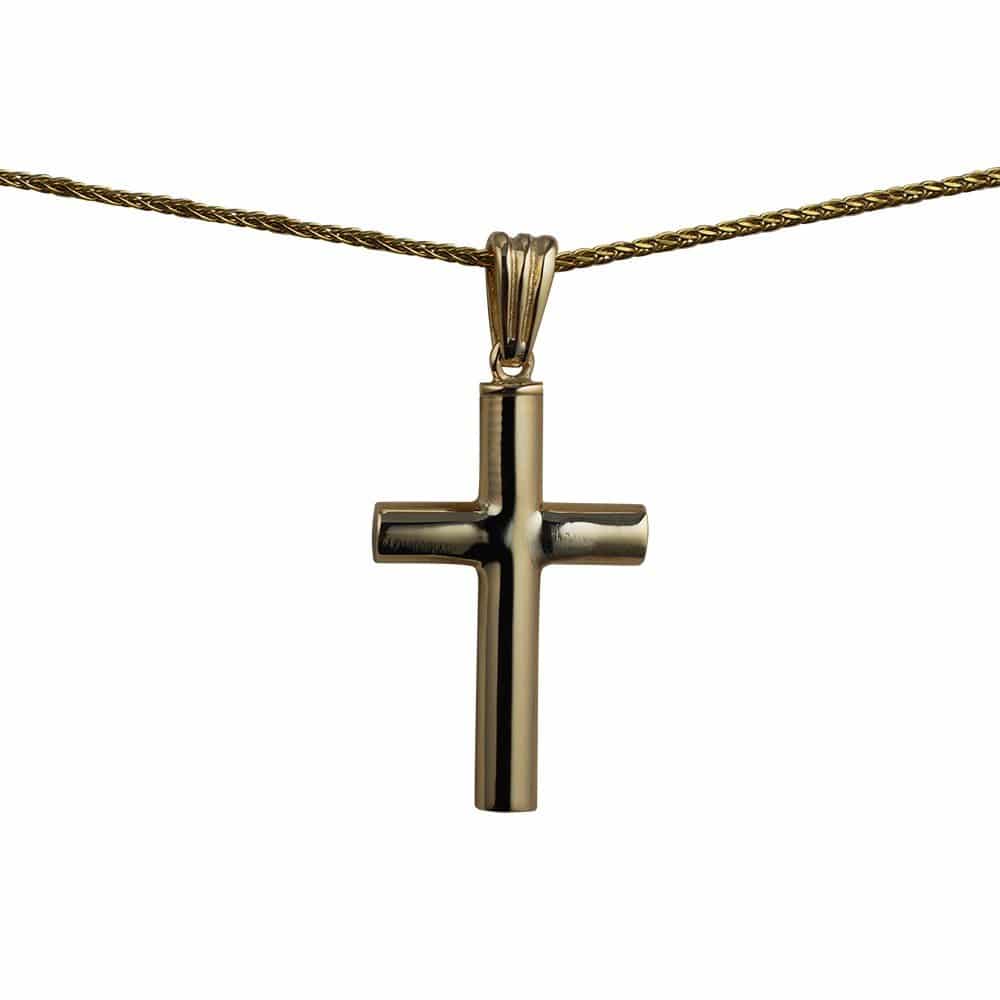 Handmade 9ct Gold Plain Cross Self-fill necklace for ashes on white background 