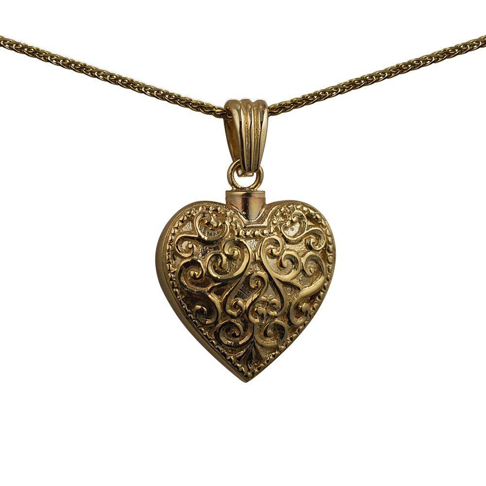 Handmade 9ct Gold Embossed Patterned Heart Self-fill necklace for ashes on white background 
