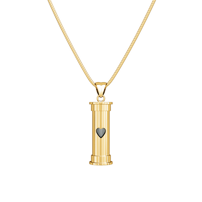 gold plated  self-fill urn pendant for ashes, heart, handmade in uk, Ashes visible self fill urn necklace, ashes jewellery, ashes keepsakes, pets ashes, handmade in uk memorial jewellery, visible ashes, self fill urn pendant, trusted uk jewellery, premium quality, best self fill gold ashes jewellery, cylindrical urn, cylindrical ashes pendant,  unique, engraved, personalised

