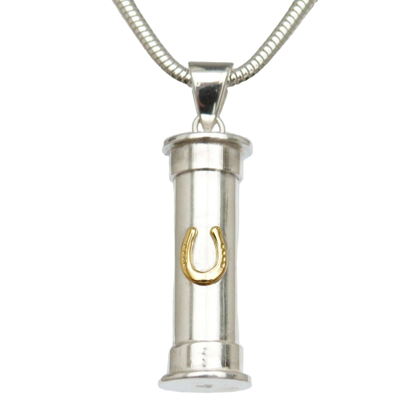 Silver cylindrical urn pendant with a gold shaped horseshoe on a silver snake chain on white background 