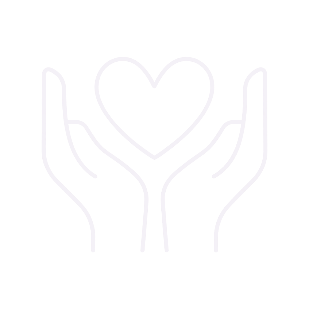 An outline drawing resembling in care in a lighty coloured  lavender-grey showing two hands cupping an outline drawing of a heart on a white background