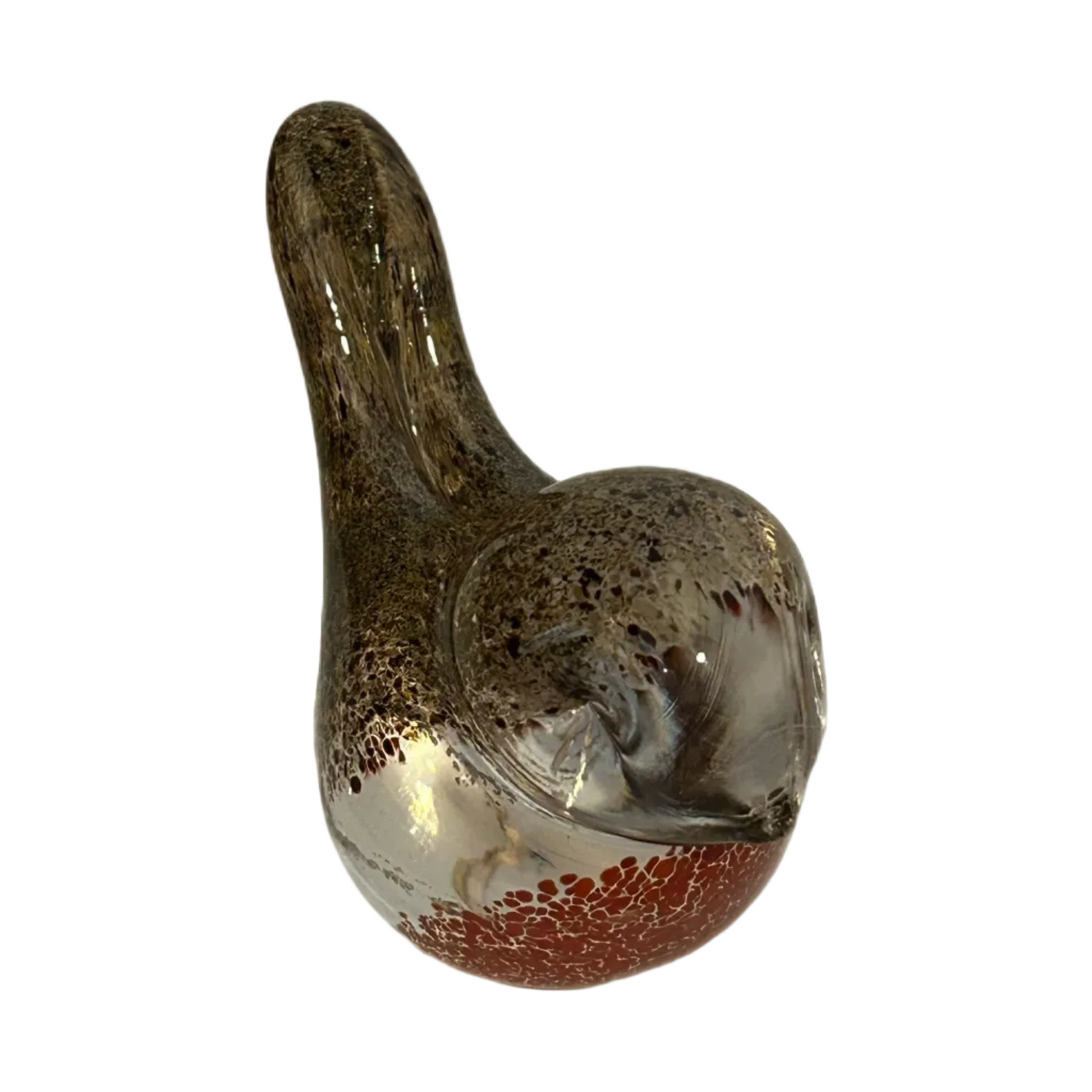 Glass sculpture of robin with speckled pattern on a white background