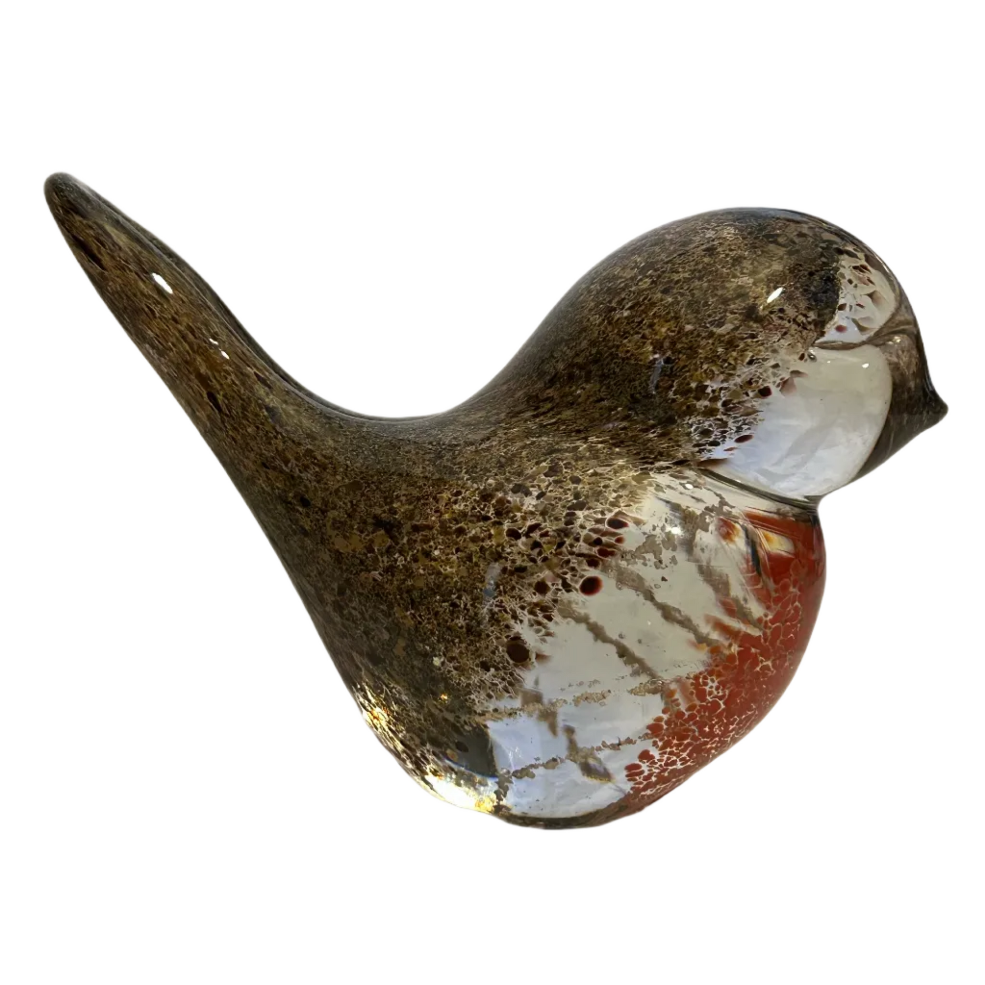 Glass robin figurine with brown, white, and red colors on a white background