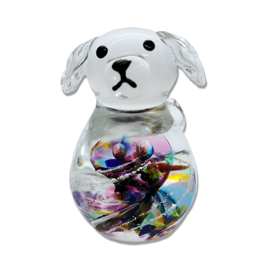 Dog-shaped glass figurine ashes keepsake with Rainbow coloured glass