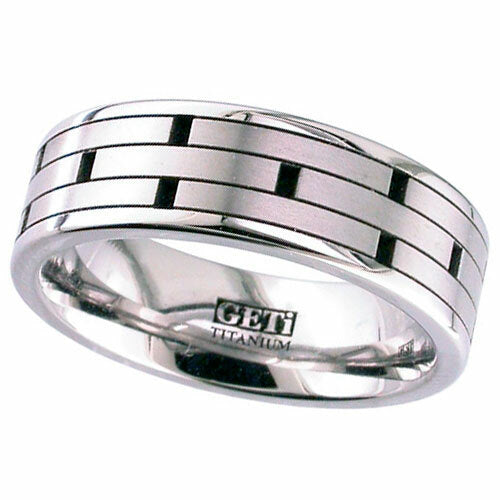 Silver polished flat profile ashes ring with black engraved brickwork bond design on a white background