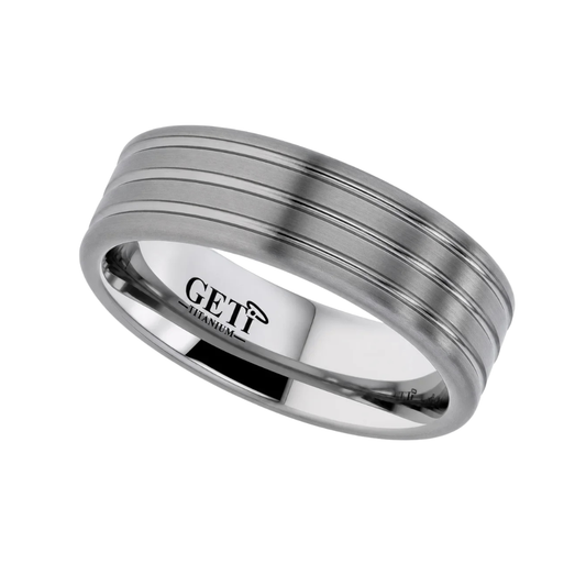 silver colour flat modern titanium memorial ring for ashes, with four matte finish stripes alternating with three thinner polished stripes  and rounded edges for comfort pictured on a white background