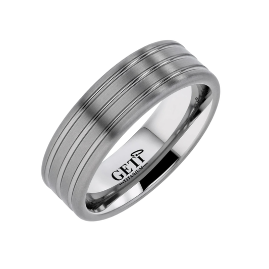 silver toned flat modern titanium memorial ring for ashes, with four matte finish stripes alternating with three thinner polished stripes  and rounded edges for comfort pictured on a white background