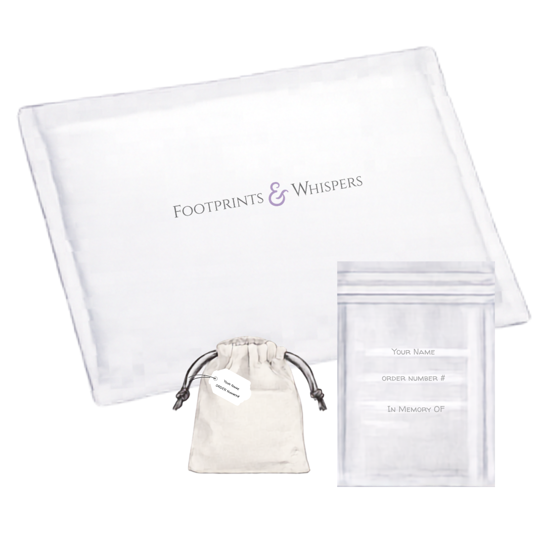 Order pack for memorial jewellery and keepsakes for ashes, hair or fur. Footprints and whispers return envelope
