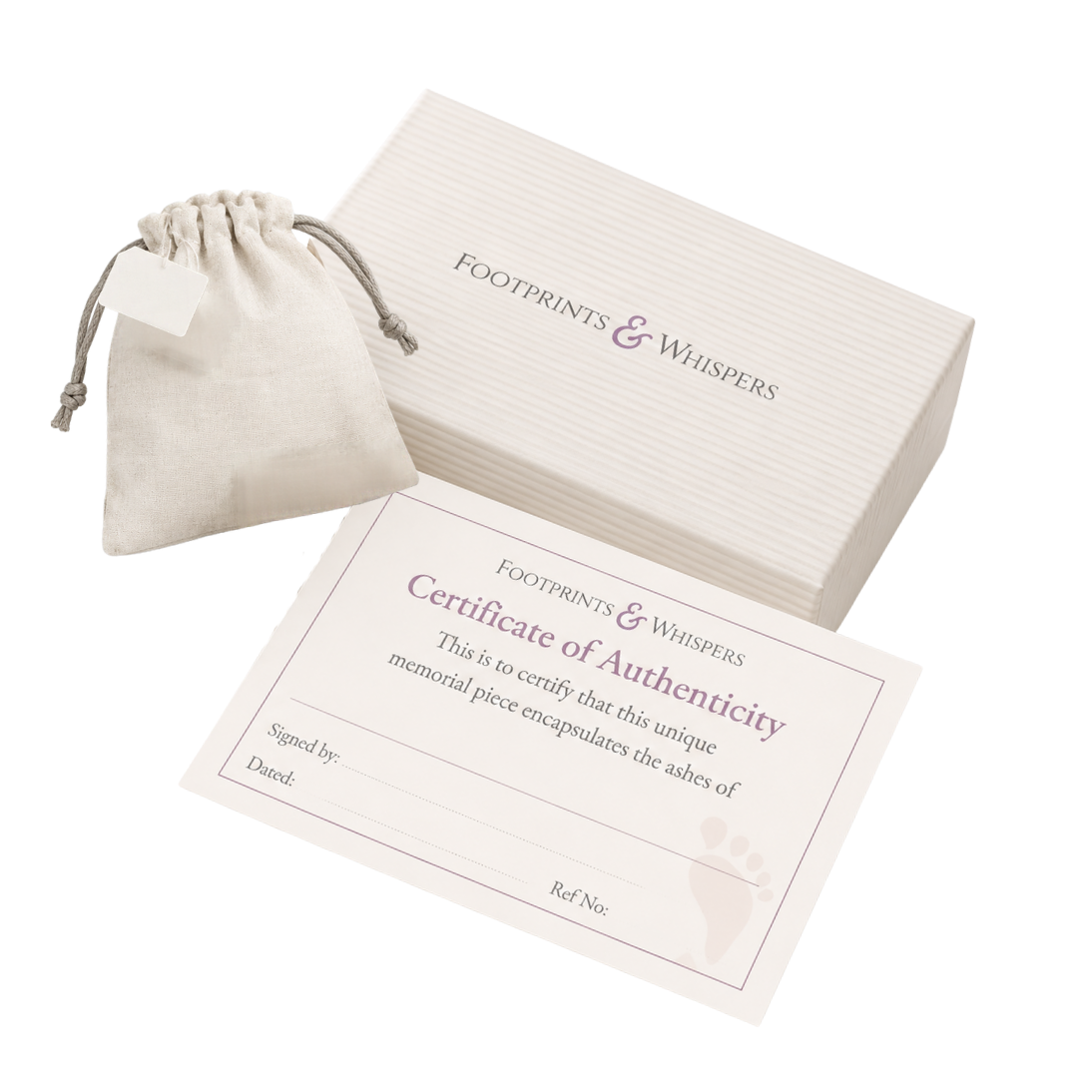 An example of the items received when creating a memorial with Footprints & Whispers. A grey linen drawstring pouch containing returned ashes, hair or fur that were not used in memorial. A white Footprints and Whispers jewellery box with embossed logo, a light grey linen pouch with dark grey drawstring and a certificate of authenticity displayed on a plain white background.