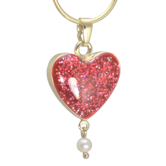 9ct Gold Heart-shaped ashes pendant with a pearl bead on a snake chain 