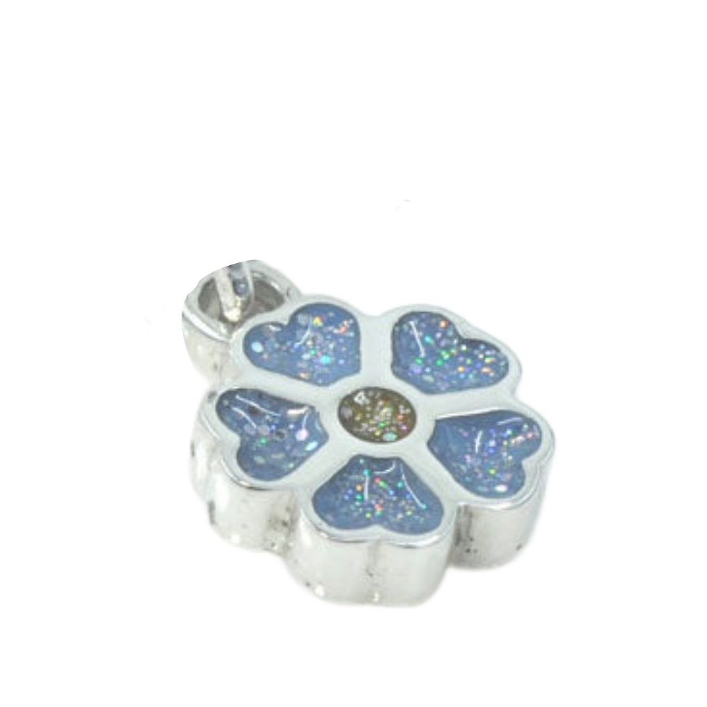 A solid silver flower-shaped charm for ashes with five flush glittery iridescent forget me not blue petals shaped as hearts with a small flush iridescent centre yellow stone, shown on a plain white background.