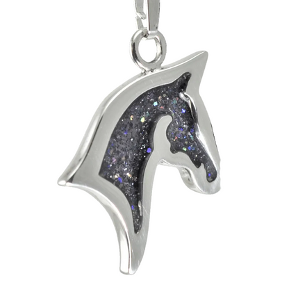 close up silver horse head silhouette shaped sparkling black pendant with snake chain on a white background