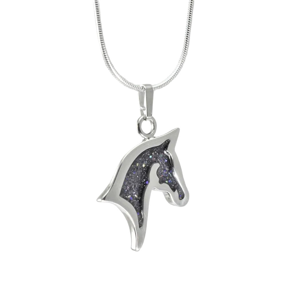 silver horse head silhouette shaped sparkling black pendant  with snake chain on a white background