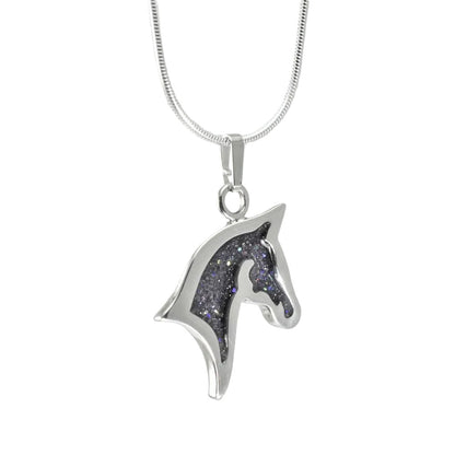 silver horse head silhouette shaped sparkling black pendant  with snake chain on a white background