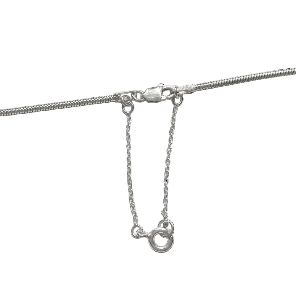 Close-up of a silver snake chain with clasp and added safety chain on a white background