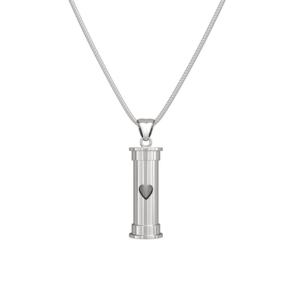 self fill urn necklace, ashes jewellery, ashes keepsakes, pets ashes, handmade in uk memorial jewellery, visible ashes, footprint, self fill urn pendant, trusted uk jewellery, premium quality, best self fill ashes jewellery, cylindrical urn, cylindrical ashes pendant, sterling silver, unique 