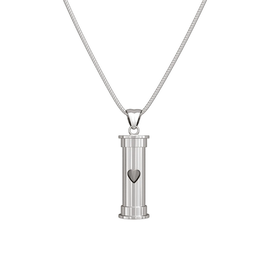 self fill urn necklace, ashes jewellery, ashes keepsakes, pets ashes, handmade in uk memorial jewellery, visible ashes, footprint, self fill urn pendant, trusted uk jewellery, premium quality, best self fill ashes jewellery, cylindrical urn, cylindrical ashes pendant, sterling silver, unique 