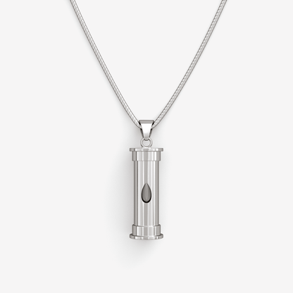silver self-fill urn pendant for ashes, tear drop, handmade in uk, Ashes visible  self fill urn necklace, ashes jewellery, ashes keepsakes, pets ashes, handmade in uk memorial jewellery, visible ashes,  teardrop self fill urn pendant, trusted uk jewellery, premium quality, best self fill ashes jewellery, cylindrical urn, cylindrical ashes pendant, sterling silver, unique 