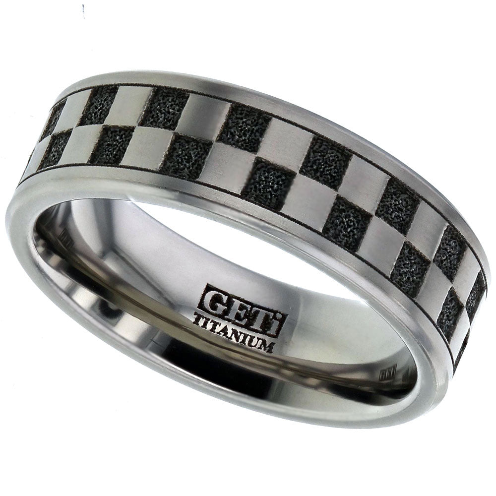 Titanium Ring with Checkerboard Pattern, Flat Profile