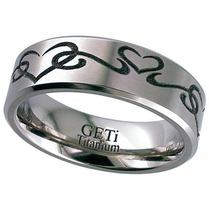Titanium Ring with a Tribal Love Heart Design, Flat Profile