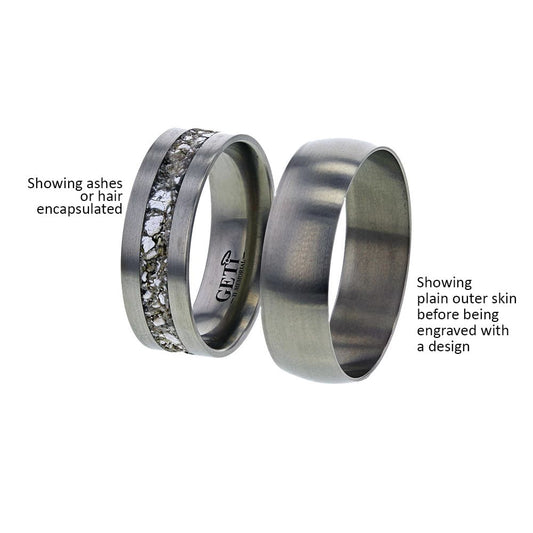 Cross section of a ring showing where hidden ashes, hair or fur are held on a white background. 