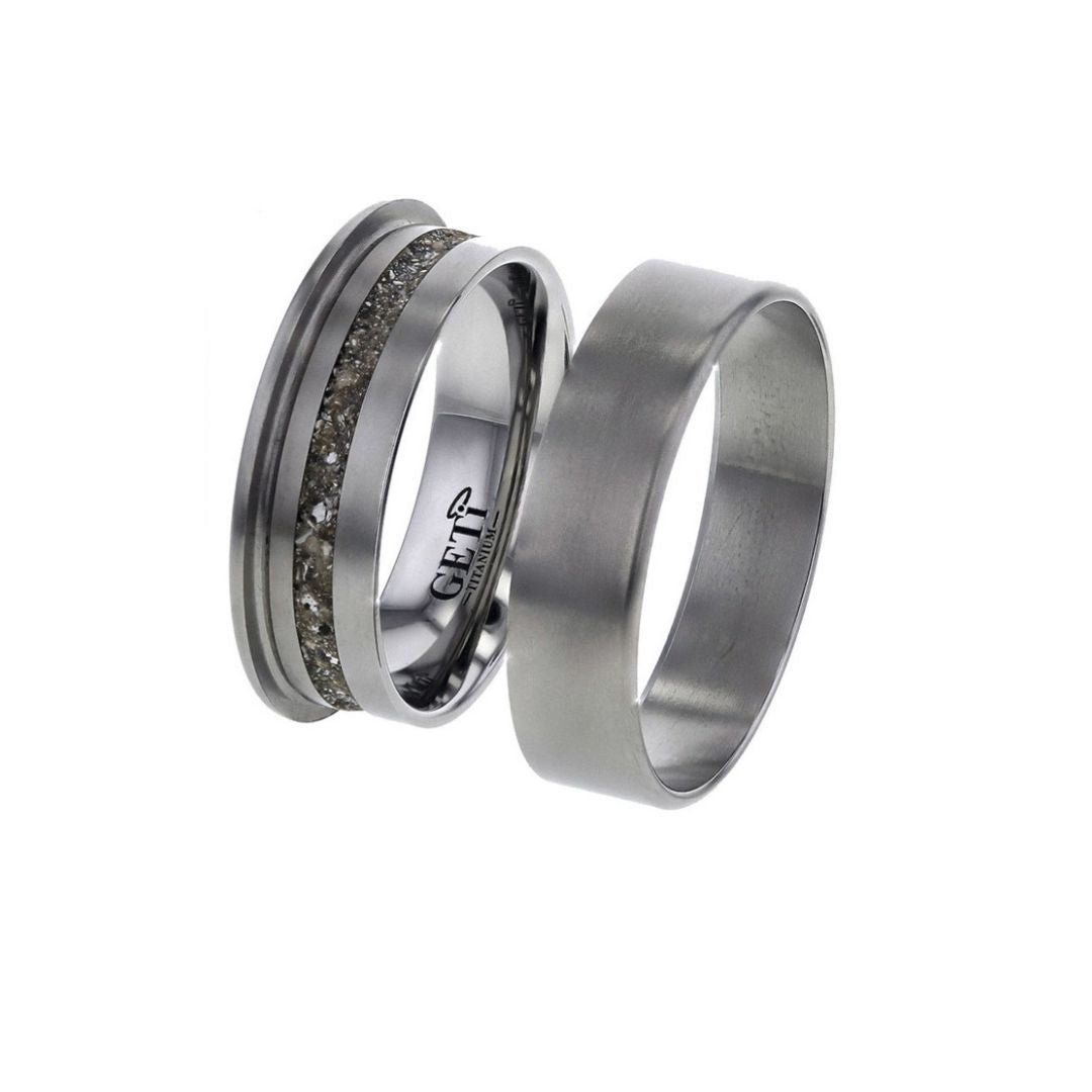 Cross section of flat shape ring showing where hidden ashes, hair or fur are held on a white background.