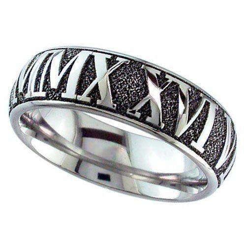 silver ring with black inverted roman numerals on a white background