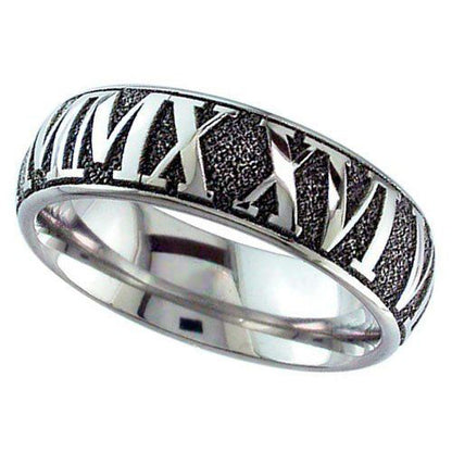 silver ring with black inverted roman numerals on a white background